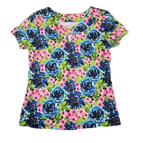 Kim Rogers Petite Womens Spring Blooms Navy Floral‎ Cotton Tee PM Keyhole Garden - Picture 1 of 10